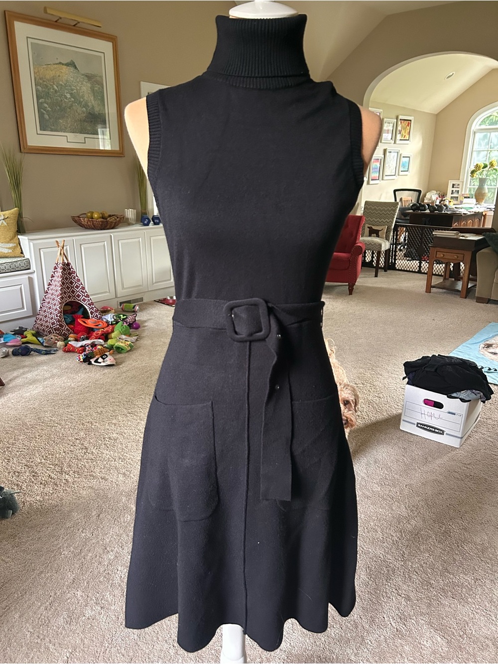 Chelsea28 Black Sleeveless Turtleneck Belted Knit Dress